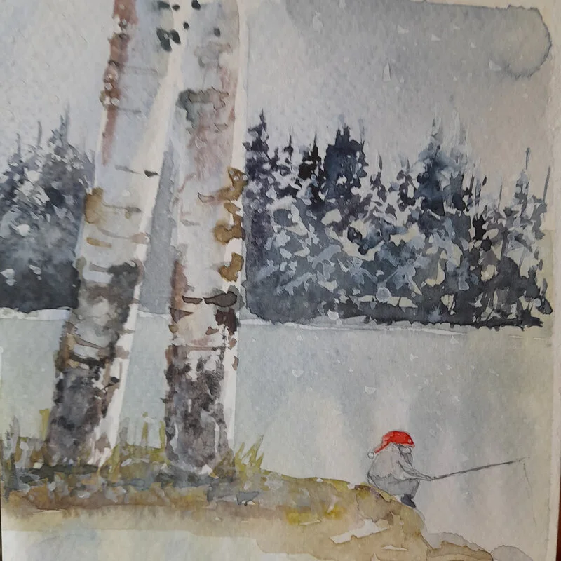 Akvarell Tomten fiskar av Petra Skogsberg