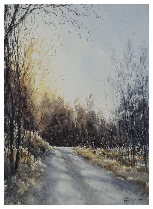 Akvarell Up the road av Ingela Alvmyren