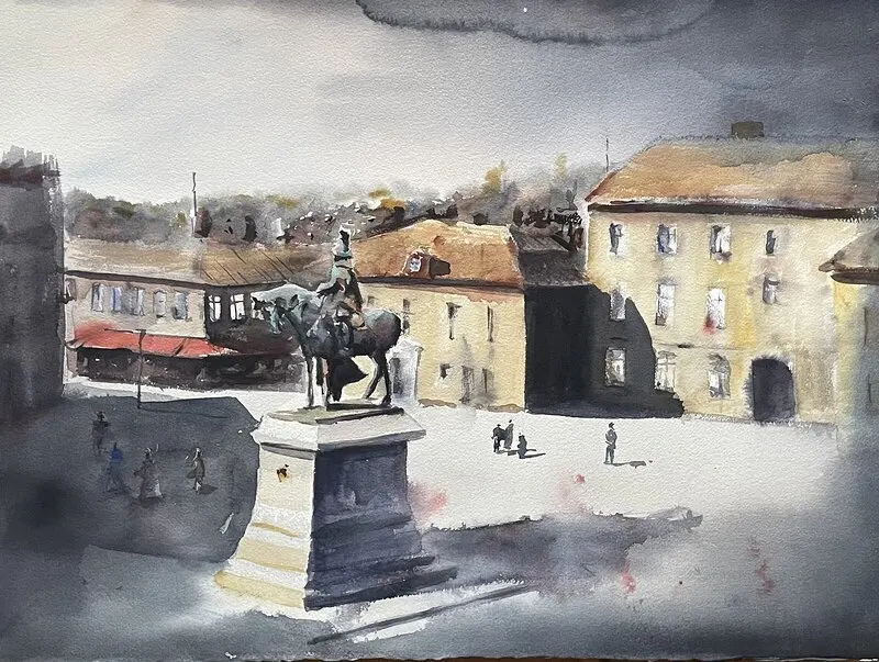 Akvarell Kungstorget Uddevalla av Martin Hartmann