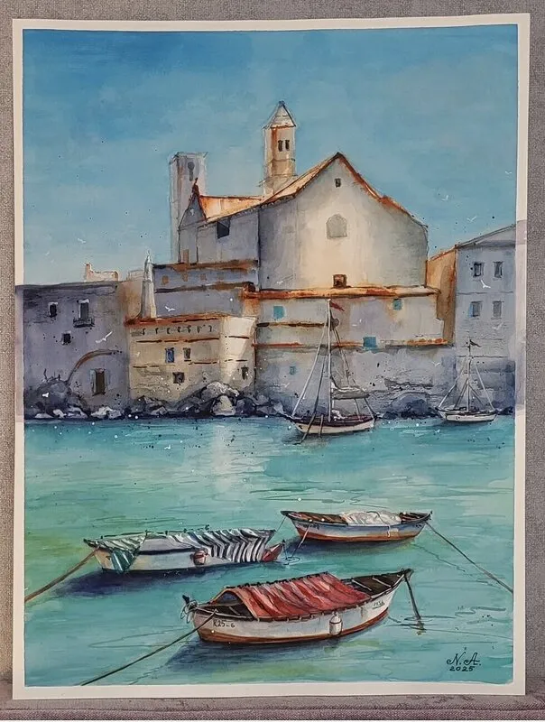 Akvarell Medelhavsstad av Natalia Apostolova