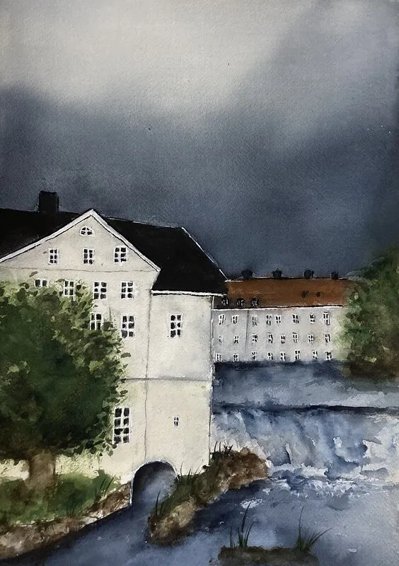 Akvarell FALLET VID UPPLANDSMUSEET (inramad) av Rose-Marie Lyckebrant-Lindqvist