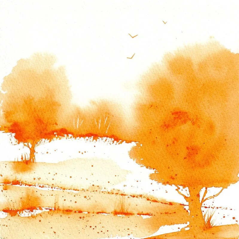 Akvarell Monochromatic landscape, Cadmium Orange hue av Anna-Karin Hallström