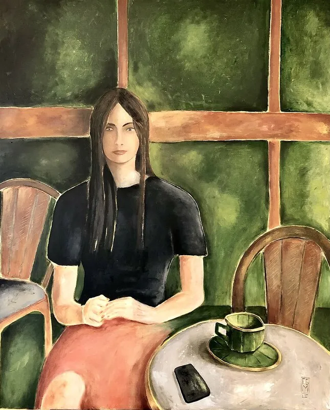 Oljemålning Aux Deux Magots (Florence de T.) av Franck Gilles Miciol