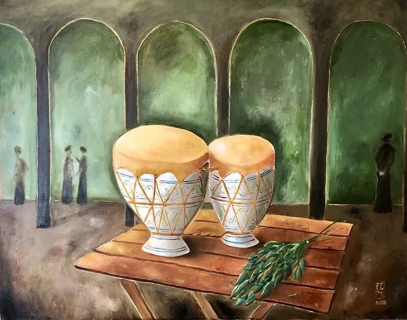 Oljemålning Stilleben med Tablas av Franck Gilles Miciol