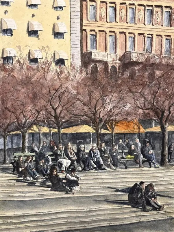 Akvarell Vår i Kungsträdgården av Sara Bennett