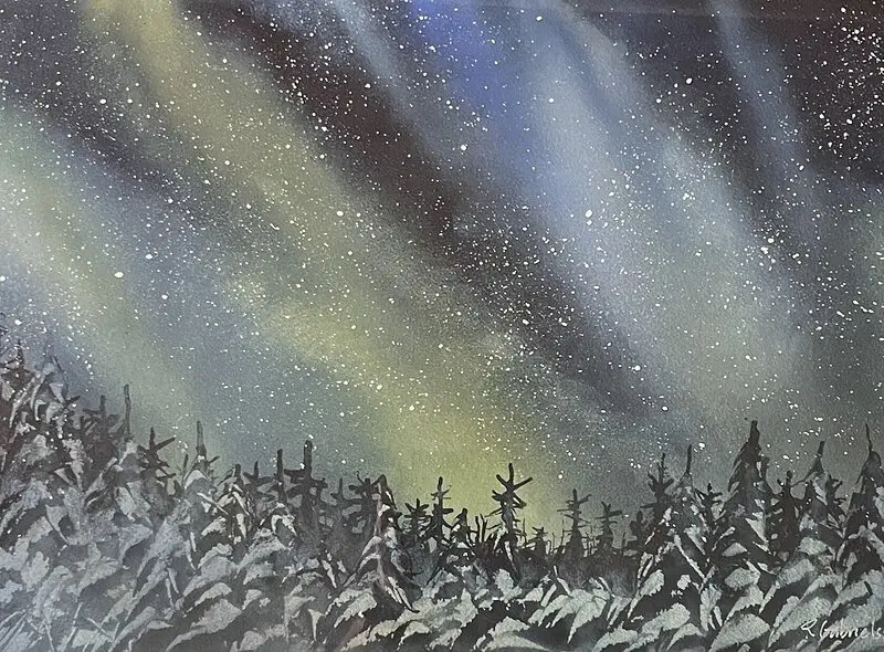 Akvarell Norrsken över skogen av Rune Gabrielsson