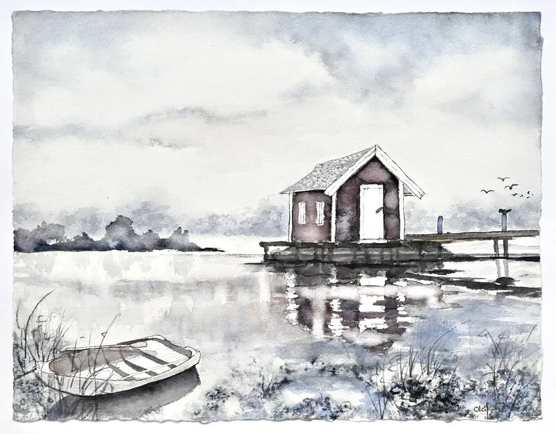 Akvarell Stugan och Ekan, Skärgård av Cécile Hansson