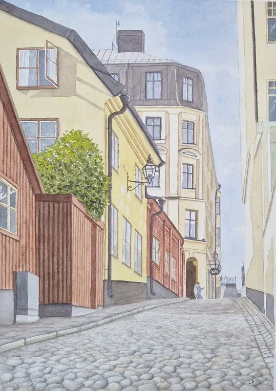 Akvarell Svartensgatan Södermalm av Susanne Hagemark
