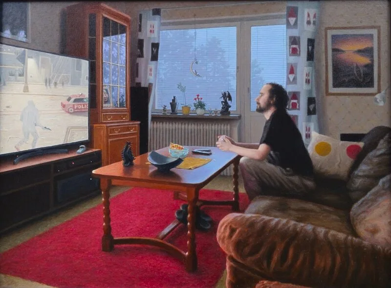 Oljemålning Egil spelar tvspel av Martin Möller