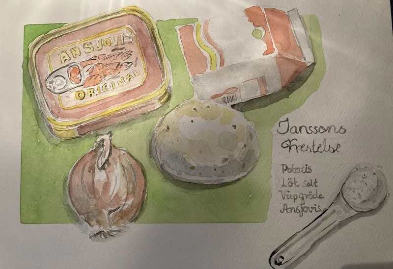 Akvarell Herr Jansson frestelse av Conny Johansson