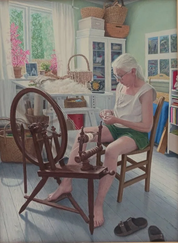 Oljemålning Madeleine vid spinnrocken av Martin Möller