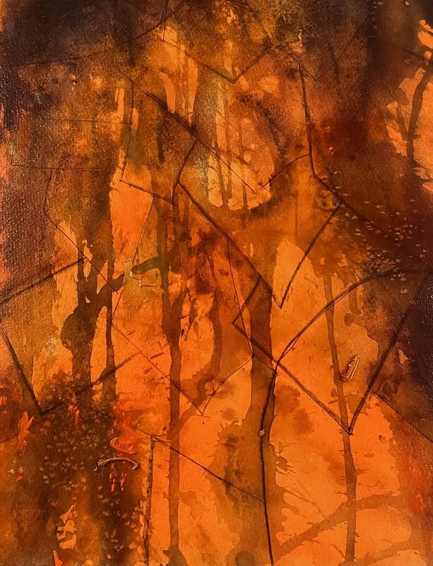 Akvarell Glöd mellan stammarna av Gunilla Tuvin