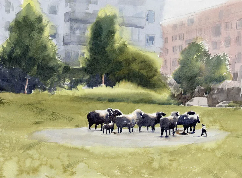 Akvarell September - Fårstatyn, Spegeldammsparken av Bea Carlsson