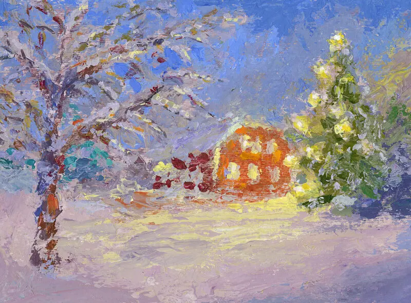 Akrylmålning December - Julstämning, Jaktvillan av Bea Carlsson