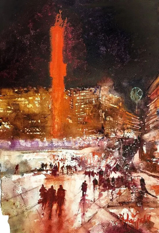Akvarell Sergels Torg December av Stefan Gadnell