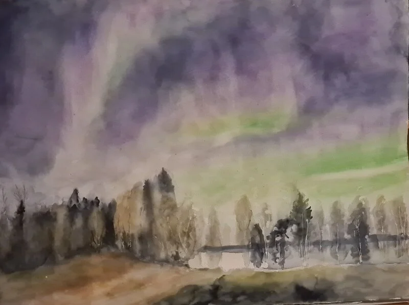 Akvarell Senhöstkväll, norrsken av Into Särkelä