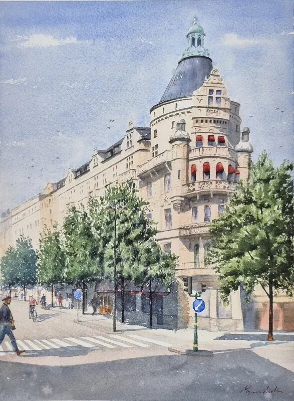 Akvarell Birger Jarlsgatan av Magnus Liden