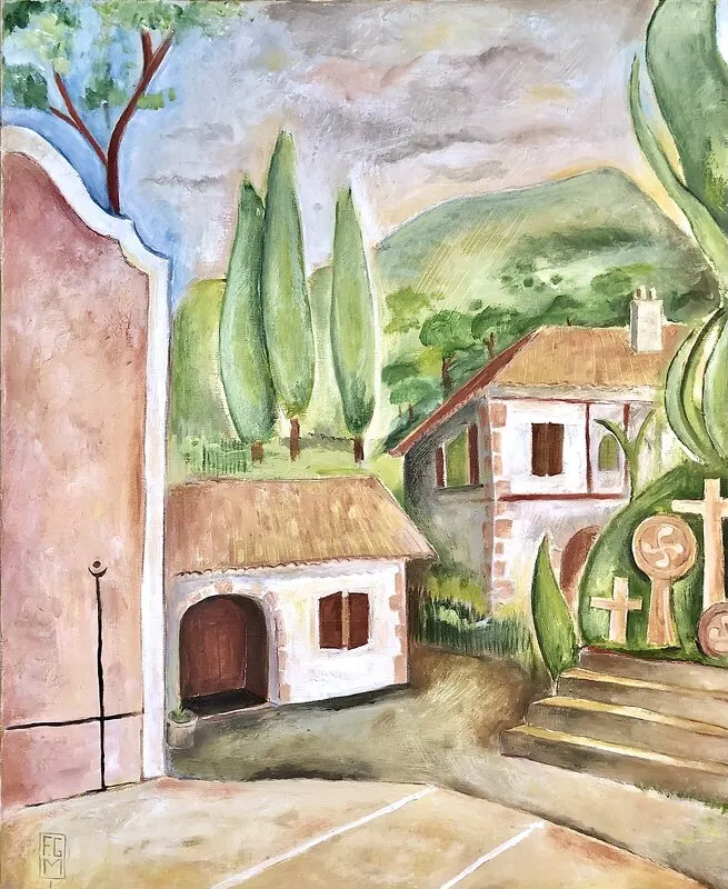 Oljemålning Baskisk By Nr 1 av Franck Gilles Miciol