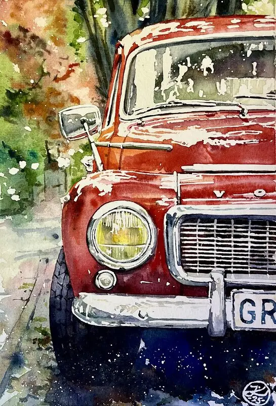 Akvarell Volvo duett av Johannes Knuuth