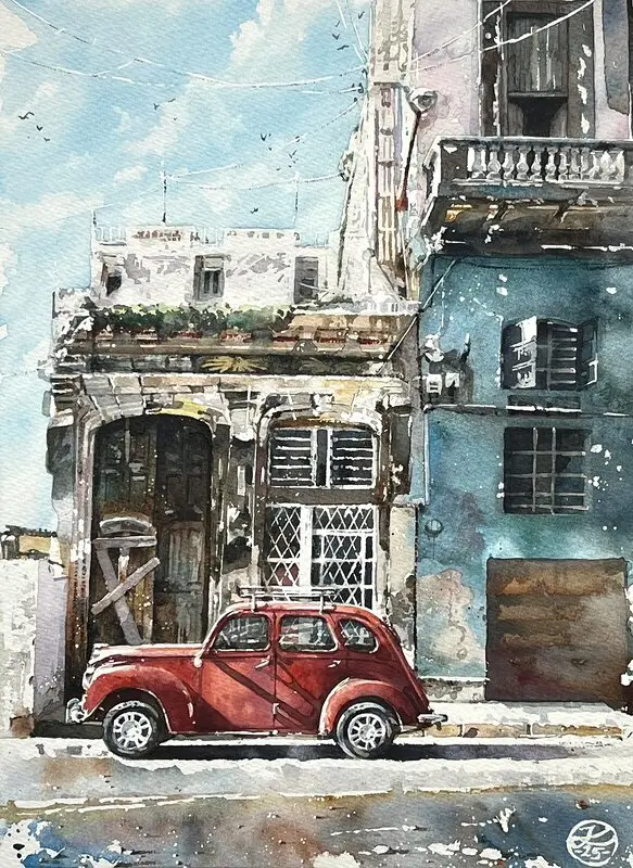 Akvarell The old street Havanna av Johannes Knuuth