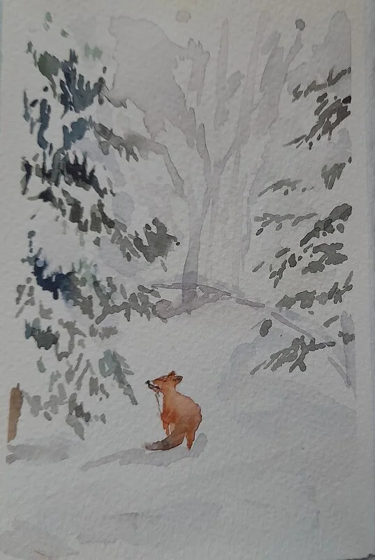 Akvarell Räven och den stora skogen av Petra Skogsberg