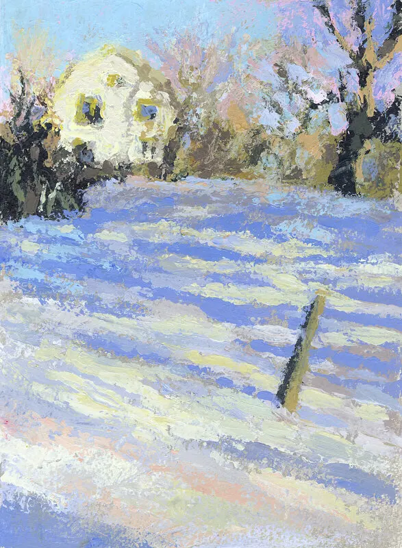 Akrylmålning Vita villan vinter, Överjärva gård av Bea Carlsson