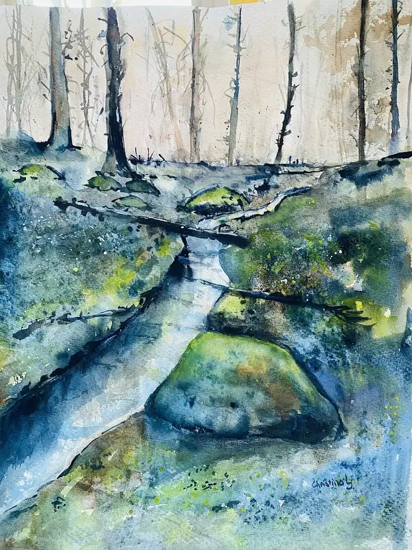 Akvarell The little river in the forest av Christina Ljungberg
