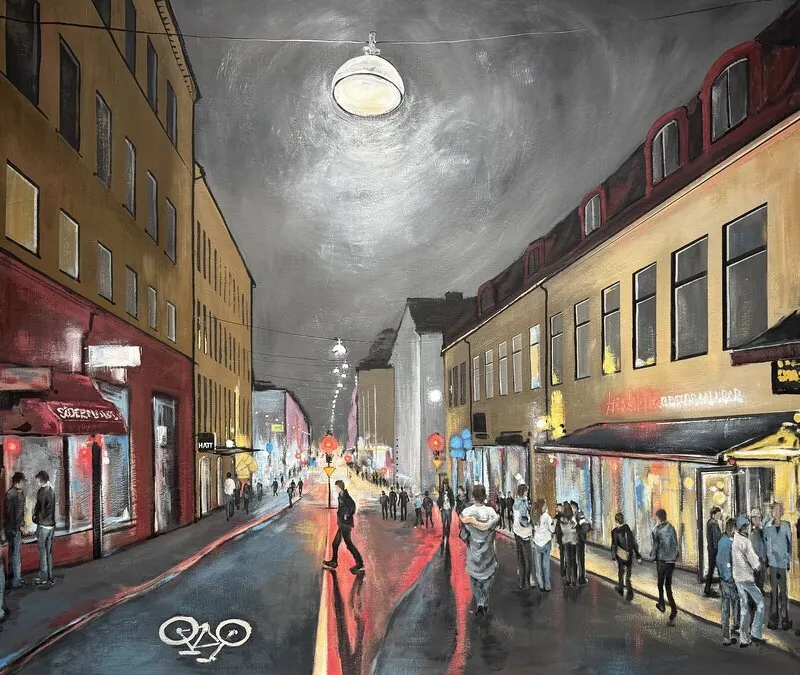 Akrylmålning Götgatan By Night av Matilda Skoglund
