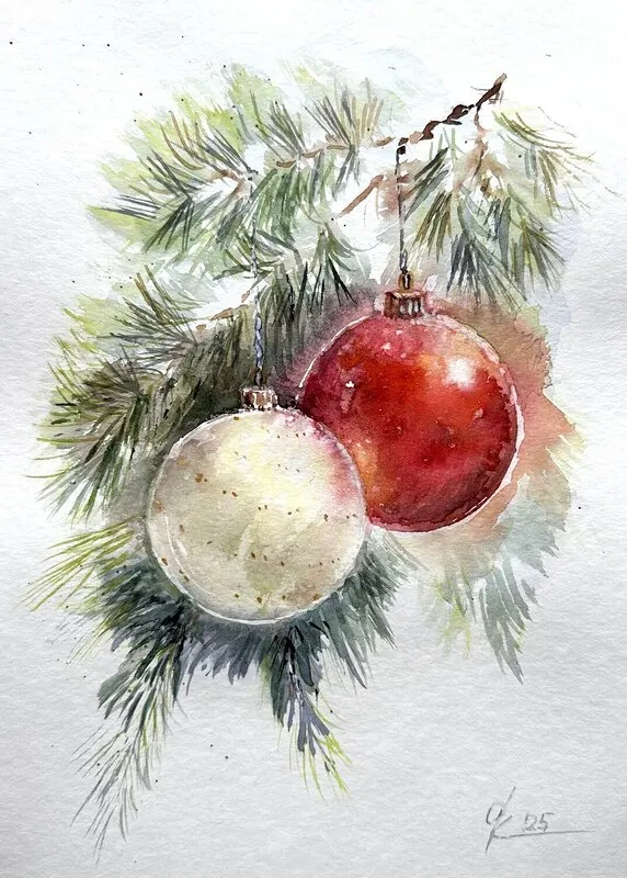 Akvarell Nyårsleksaker av Olga Kharyakova