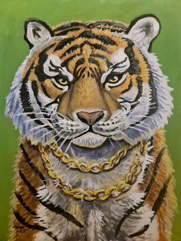 Akrylmålning Tiger med guldkedja av Isak Martinsson