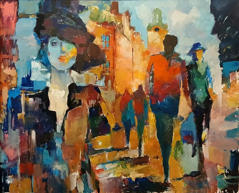 Oljemålning Möten i Gamla stan av Dimitri Zukov