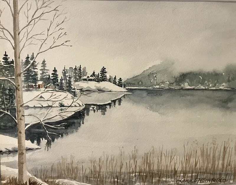 Akvarell Dimman kommer av Lena Hörnfeldt