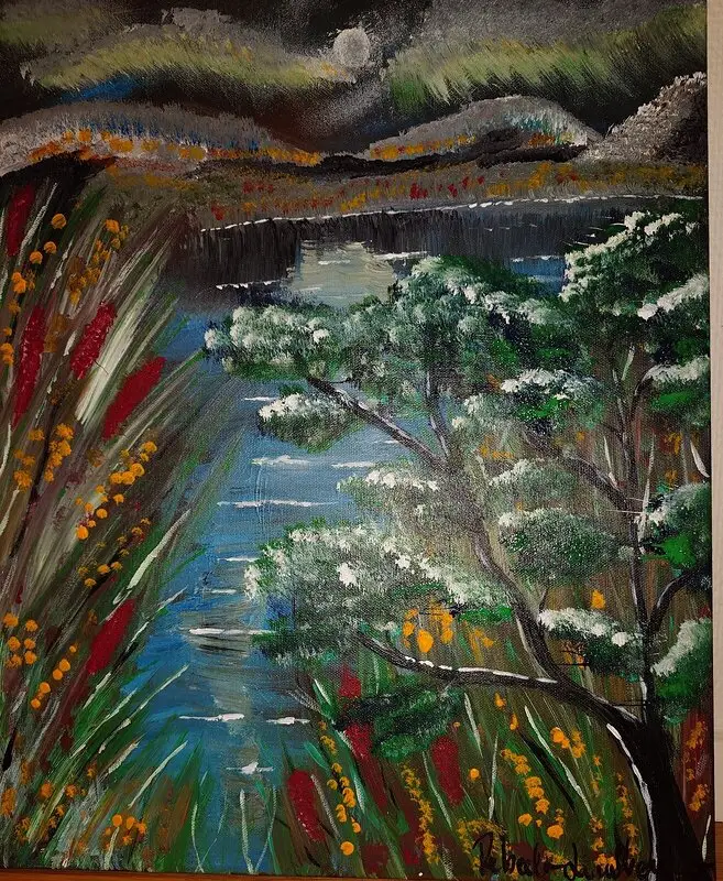 Akrylmålning Natt vid stranden av Rebecka Lindberg