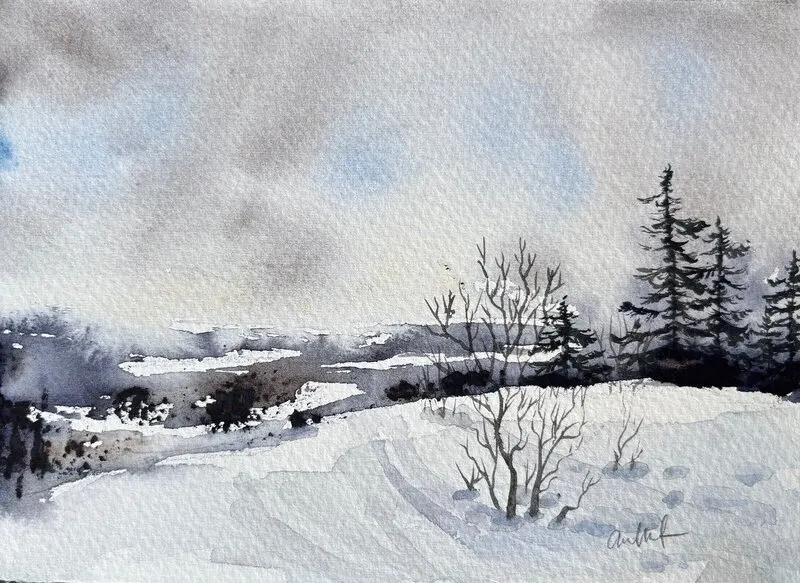 Akvarell Vinterlandskap av Anna Wolf