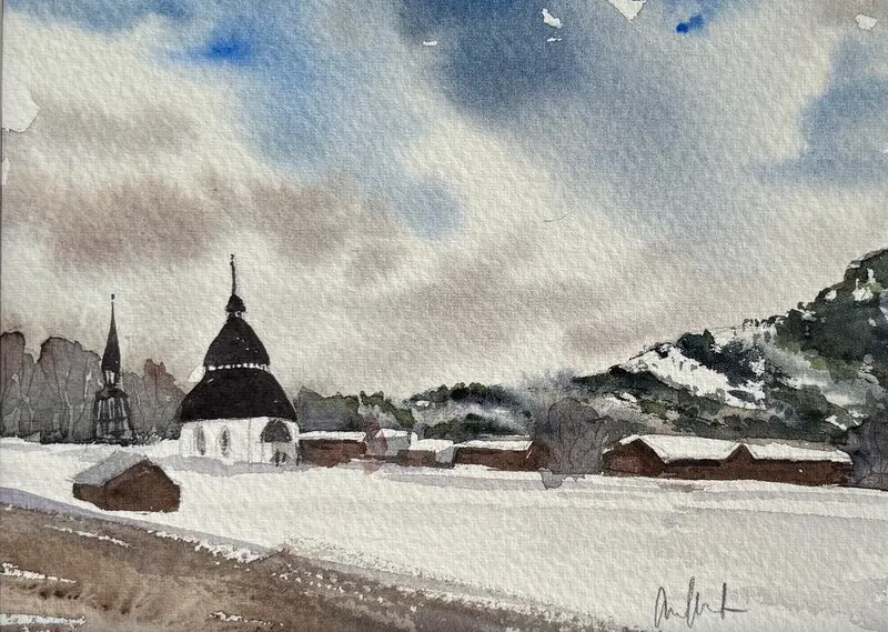 Akvarell Vinter i Vemdalen av Anna Wolf