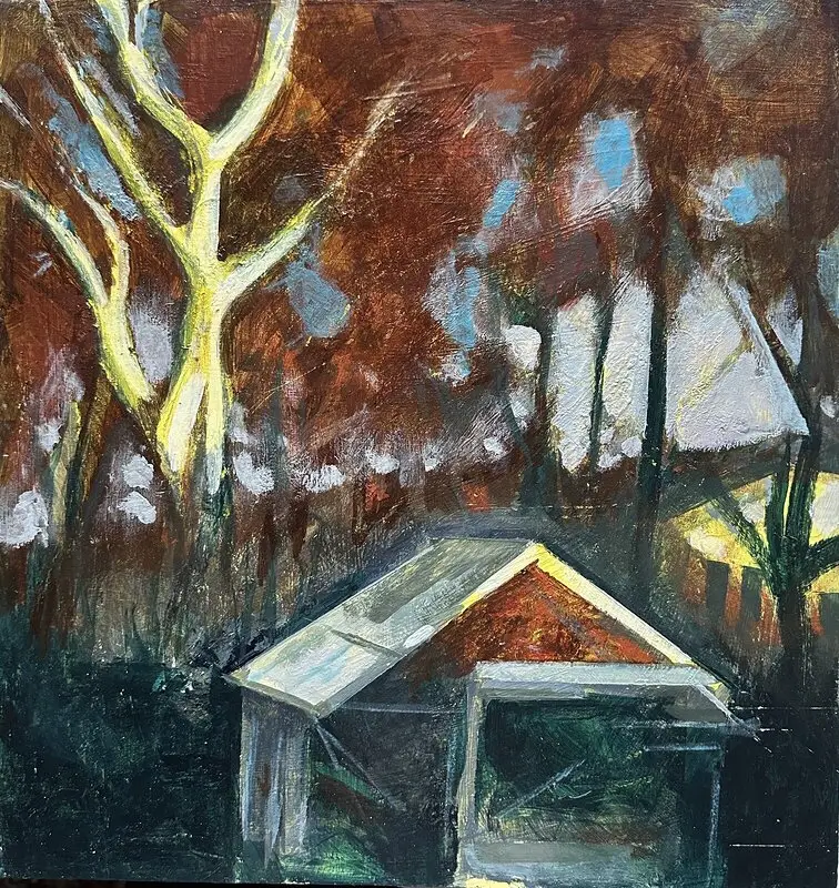 Akrylmålning Skånsk jul hos Snögrips av Thomas Ekdahl