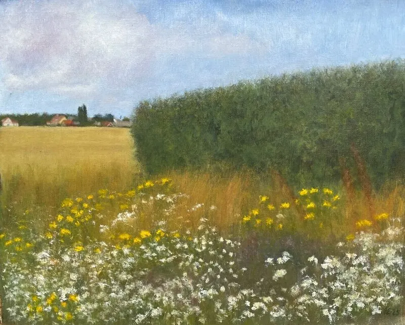 Oljemålning Blommor vid häck av Elisabet Engqvist