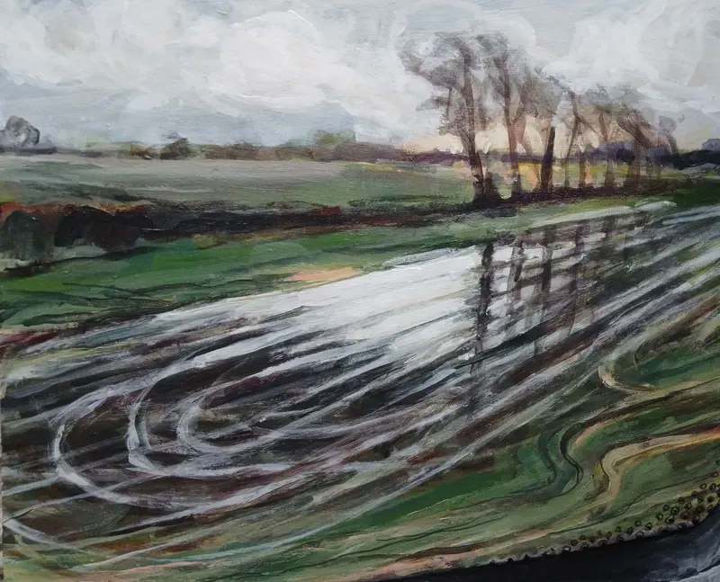 Akrylmålning Looking out (train window) av Rebecca Landmér