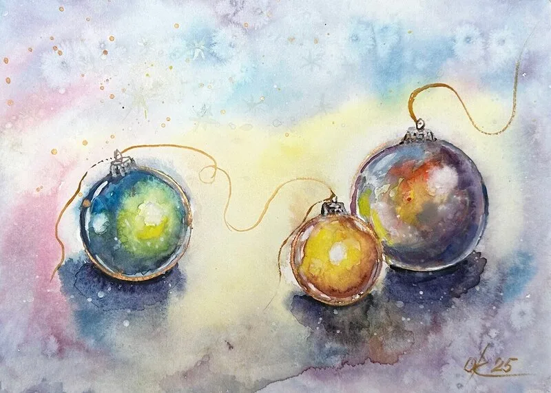 Akvarell Nyårs glaskulor av Olga Kharyakova