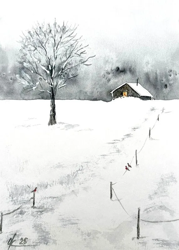 Akvarell Vinterdag i byn av Olga Kharyakova