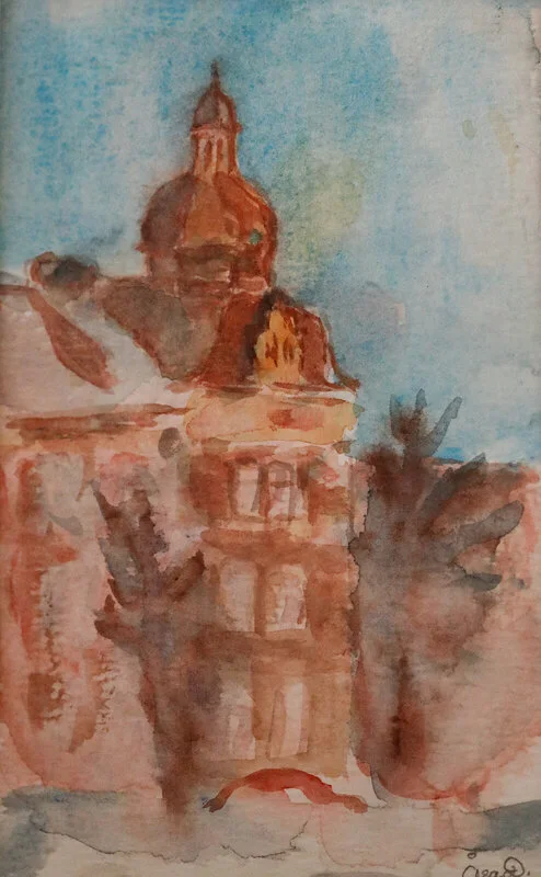 Akvarell Tornhuset av Åsa Elisa Dahlbeck