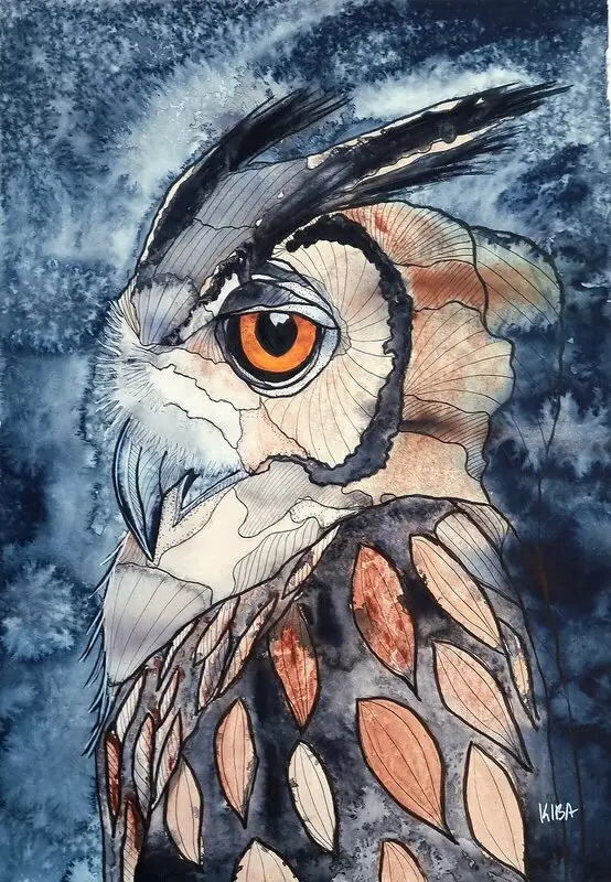 Akvarell Linjig uggla III av Kiba Gustafsson