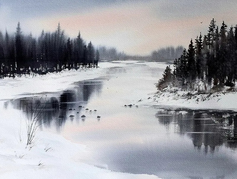 Akvarell Vinterljus av Lotta Andersson