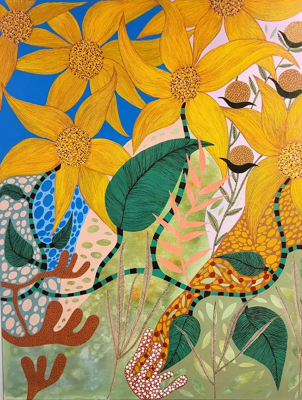 Akrylmålning Sunflower blue av Ingela Juhlin