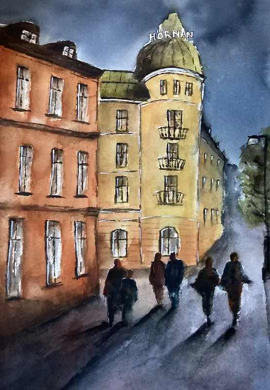 Akvarell AW PÅ HÖRNAN av Rose-Marie Lyckebrant-Lindqvist