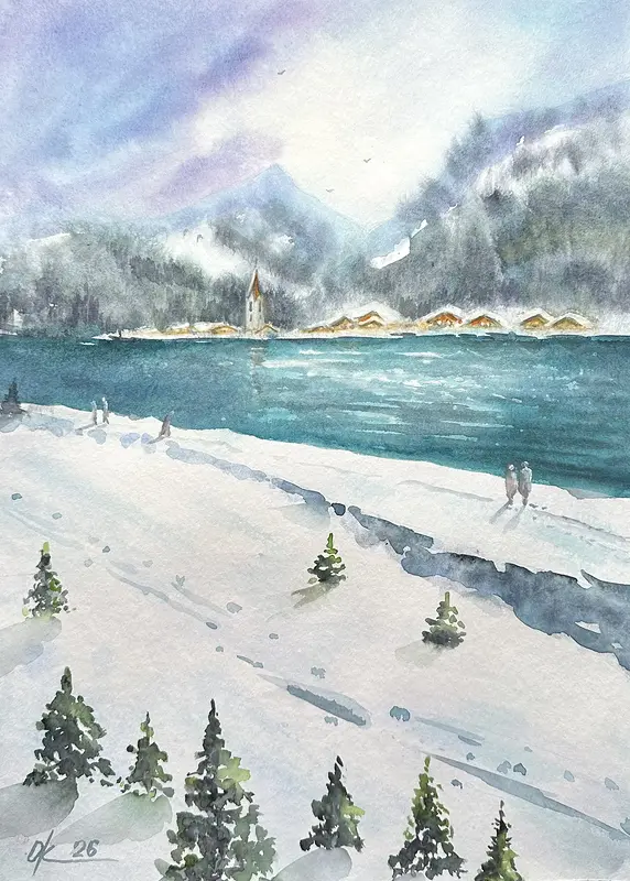 Akvarell En promenad längs en sjö i Alperna av Olga Kharyakova