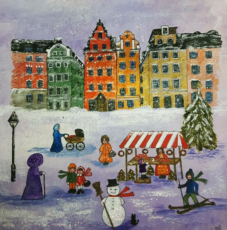 Akrylmålning Julmarknad i Gamla Stan av Rose-Marie Österström