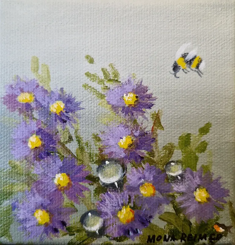 Akrylmålning Aster och humla av Mona Reimer