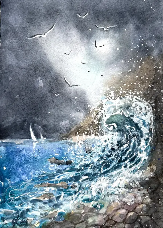 Akvarell Måsar och stormen av Olga Kharyakova