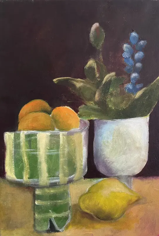 Oljemålning Den randiga skålen av Ewa Öhlund